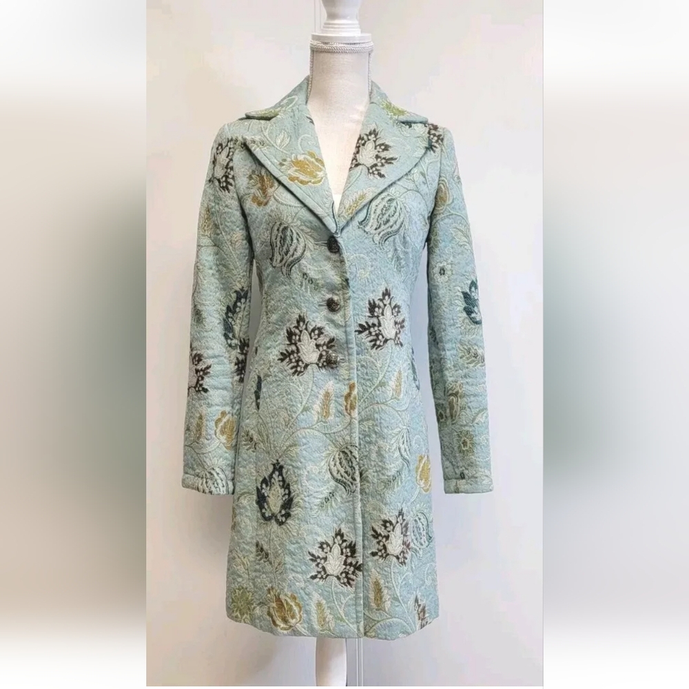 CAbi Guinevere Tapestry Coat, Floral & Teal Blue, Size 2